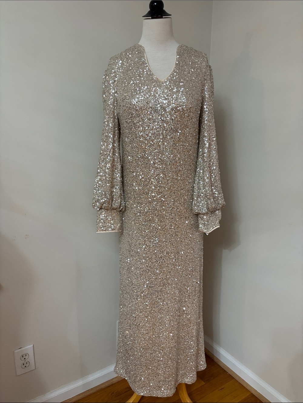 Sequin Maxi Dress in Champagne - Elegant Evening Gown S